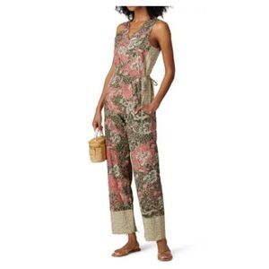 WARM Jumpsuit Womens Medium Floral V-Neck Sleeveless Green Pink Wide Leg Pockets